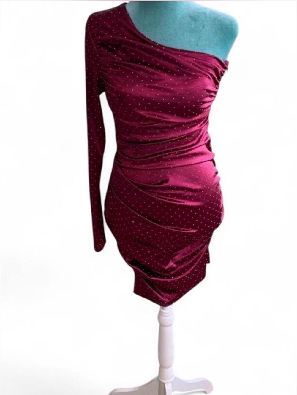 GB One-Shoulder Burgundy Polka Dot Ruched Dress